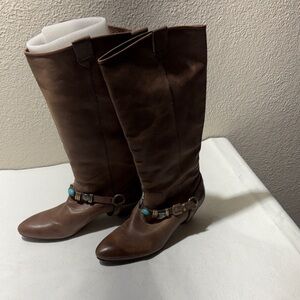 Nicole Brown Leather Knee-High Boots with Turquoise Accents